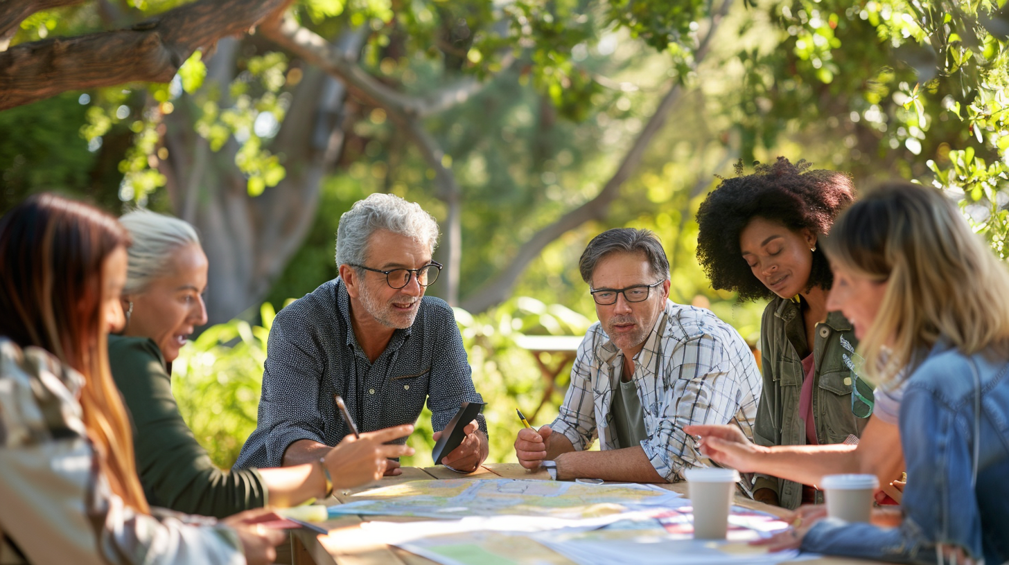 A California city hall building with volunteers gathering outside