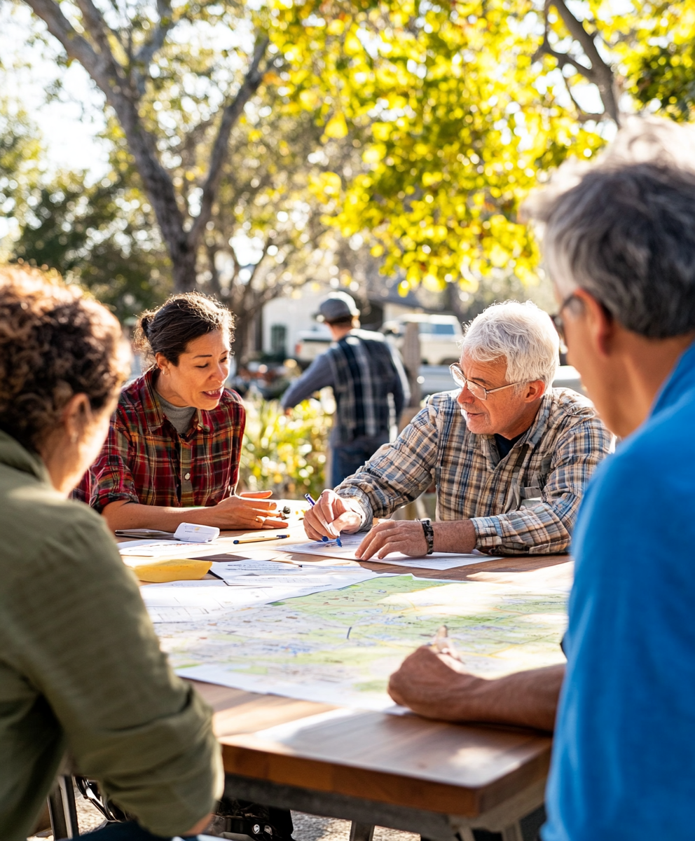Neighbors gathered outdoors reviewing a community map together