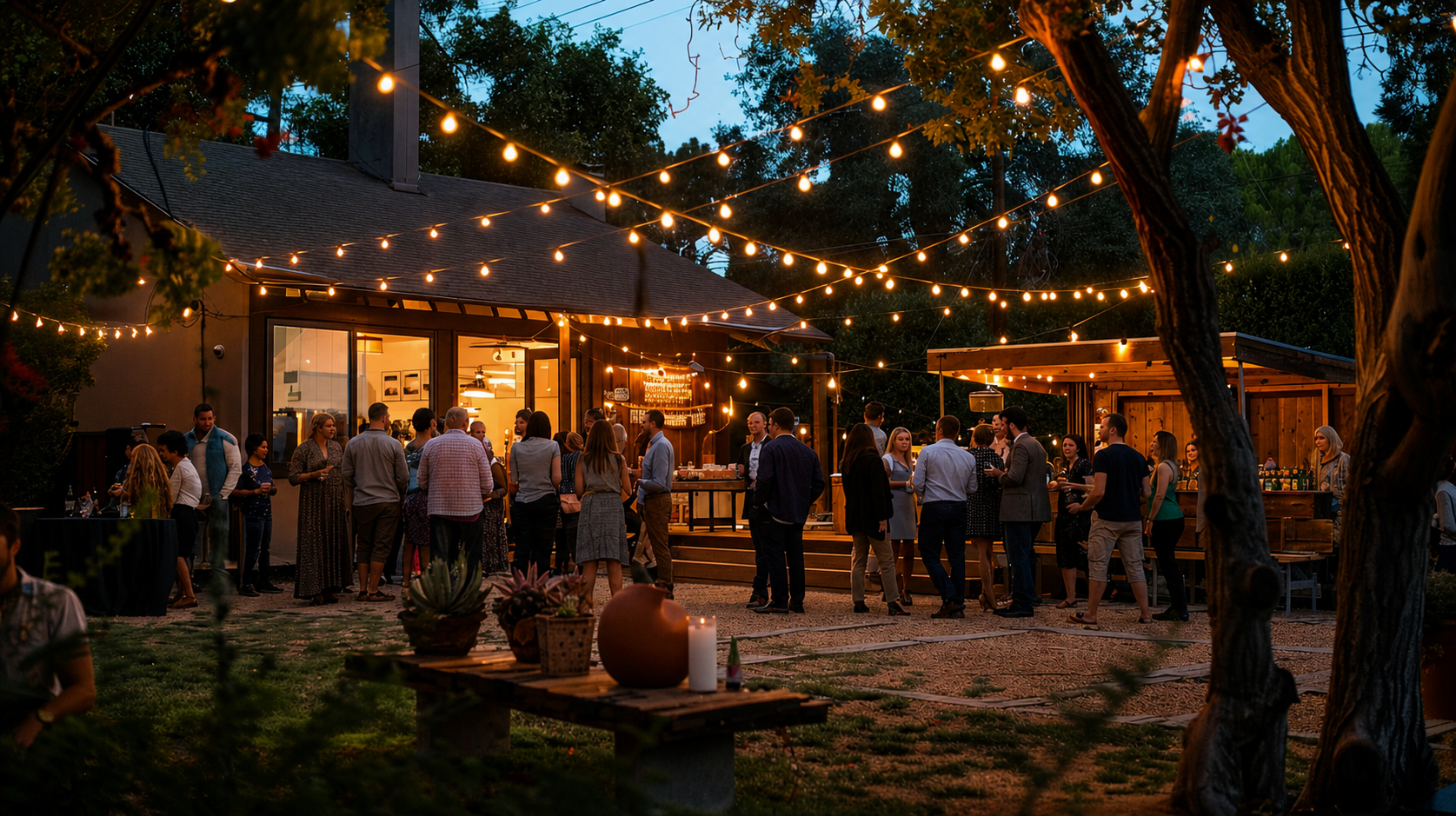 A warm outdoor California community fundraiser with string lights