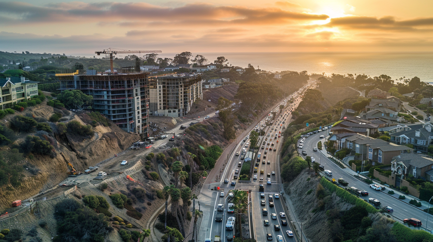 High-rise construction cranes looming over a hillside of older homes beside a congested highway