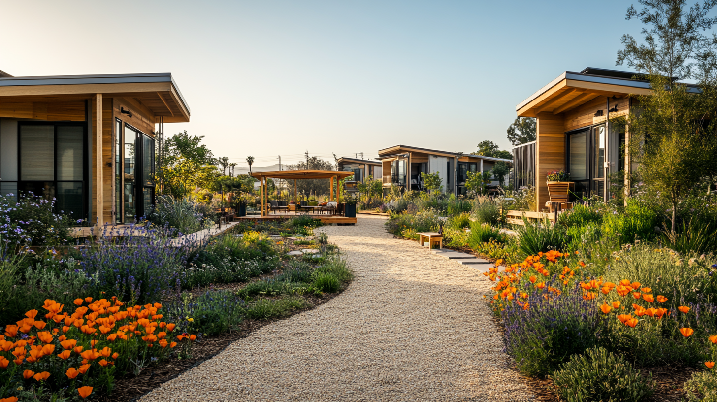 A cluster of precision-built workforce homes surrounded by California native landscaping