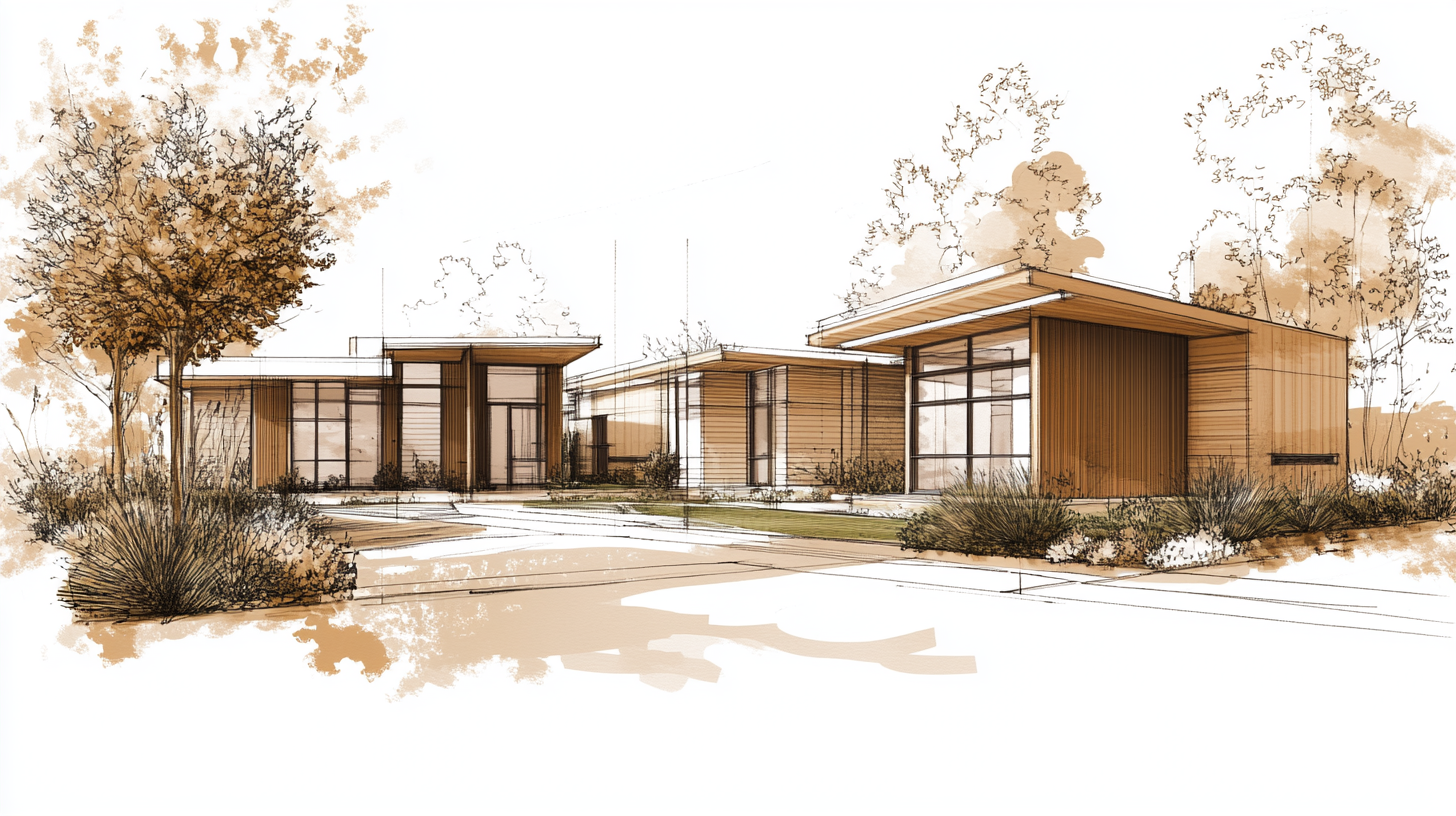 Architectural concept illustration: pen wash to blueprint to 3D wireframe showing the Built Right design process