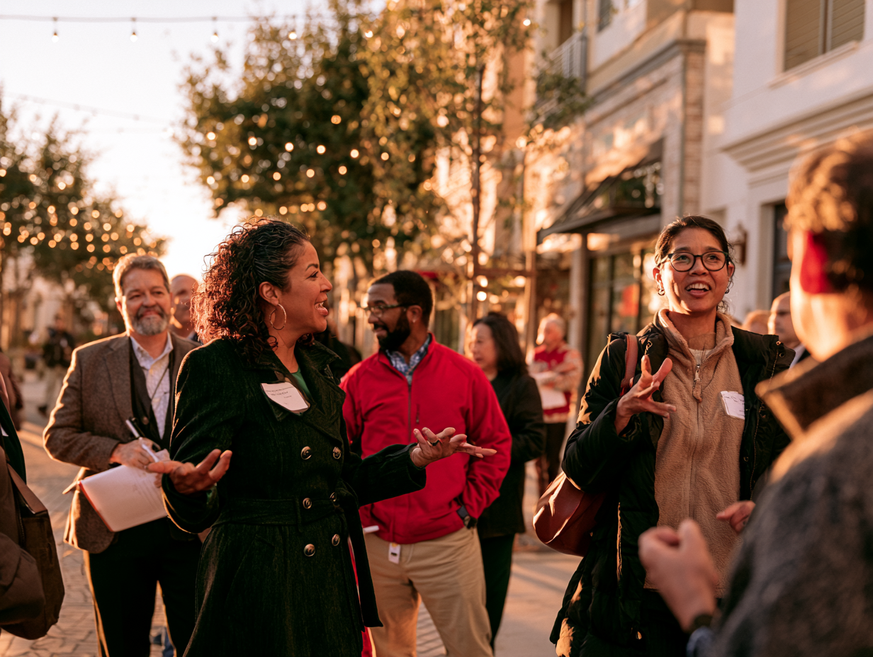 A mayor giving visiting civic leaders a walking tour of a revitalized main street at golden hour