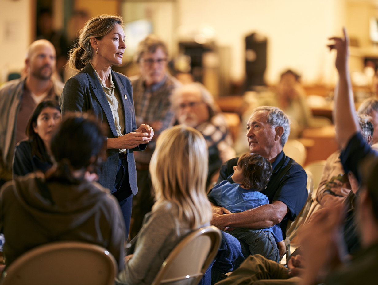 A council member standing among neighbors at an informal evening town hall
