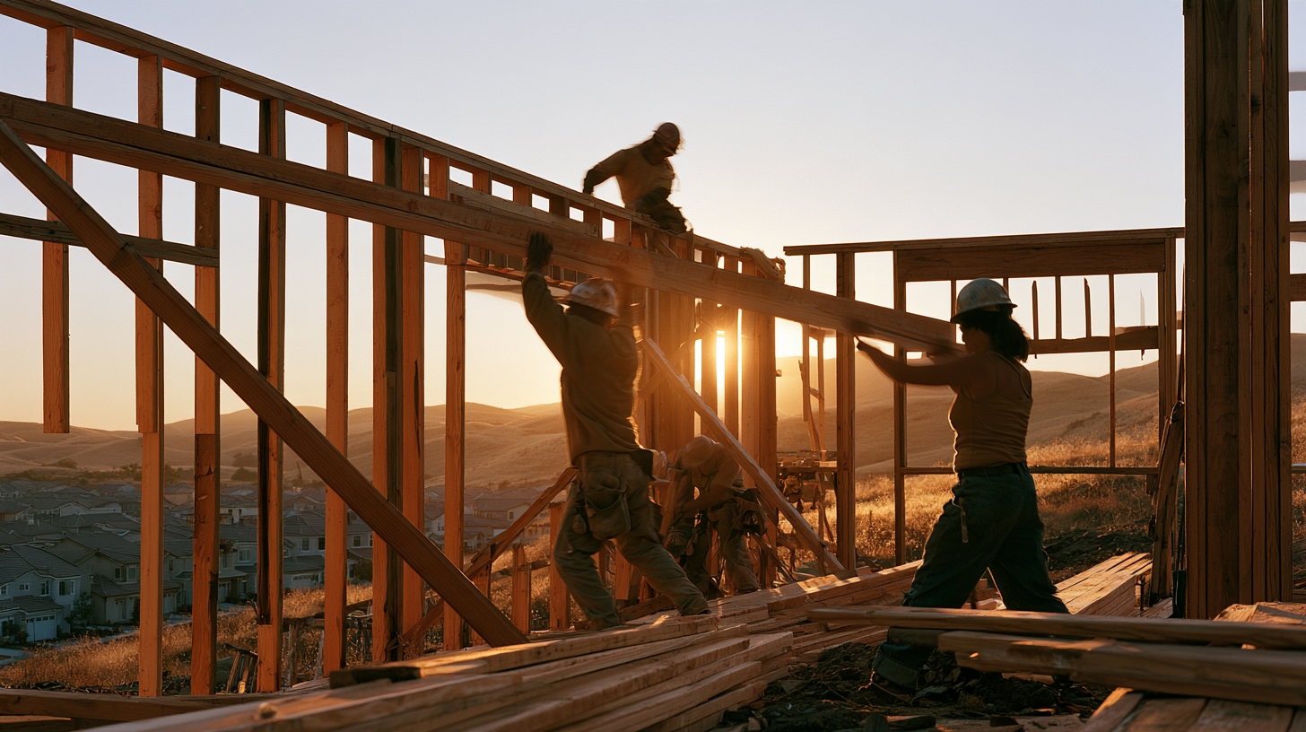 A framing crew raising a wall on a new home at sunset, golden hills beyond