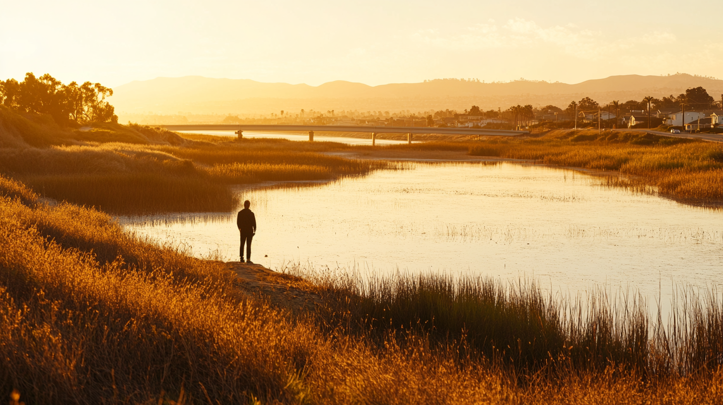 A lone figure stands at the edge of a Southern California estuary at golden hour, the lagoon, freeway bridge, and suburban hills stretching behind them