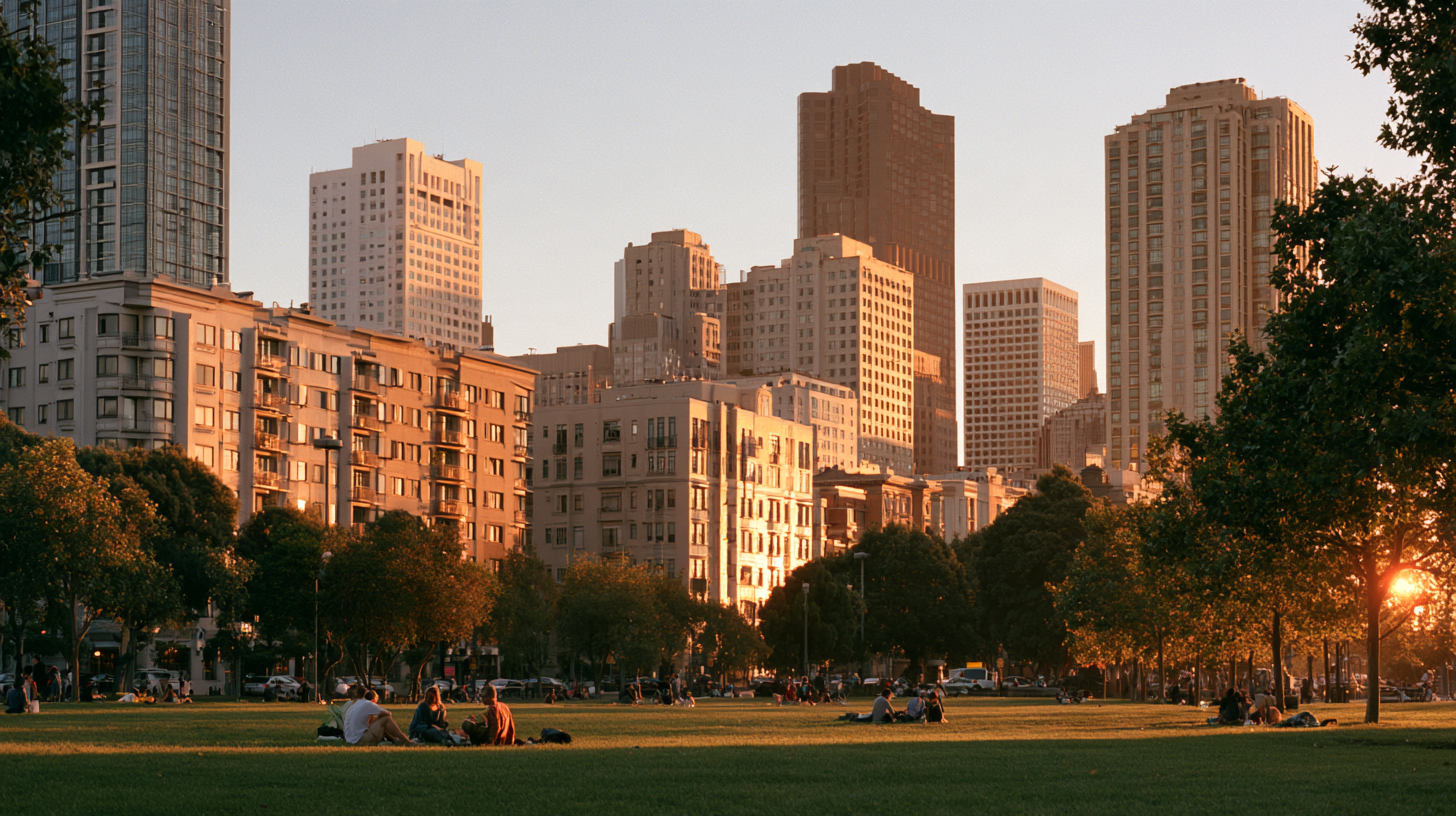 Apartment buildings and towers above a San Francisco park at golden hour